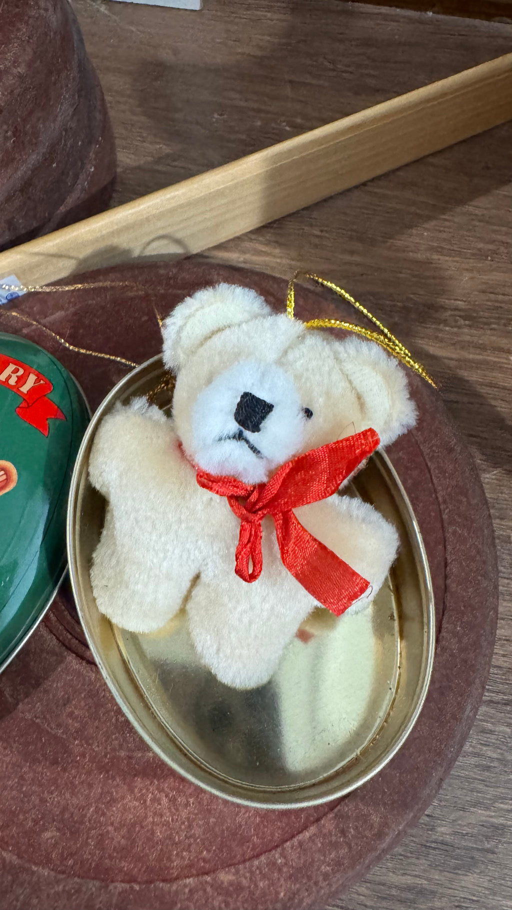 Vintage 1988 “Beary Christmas” Tin Ornament with Mini Plush Bear for the set