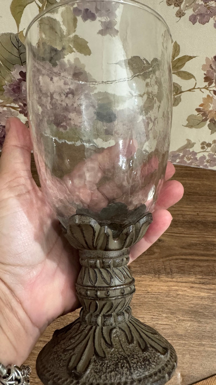 Decorative Glass Hurricane Candle Holder with Pewter Finish Base
