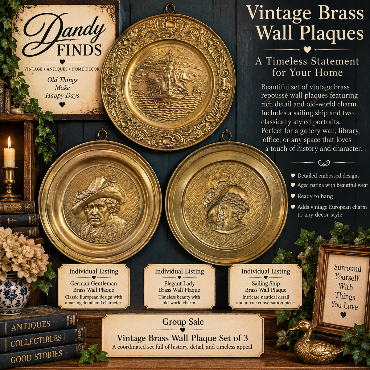 Vintage Brass Wall Plaques Set of 3 – Ship & Portraits