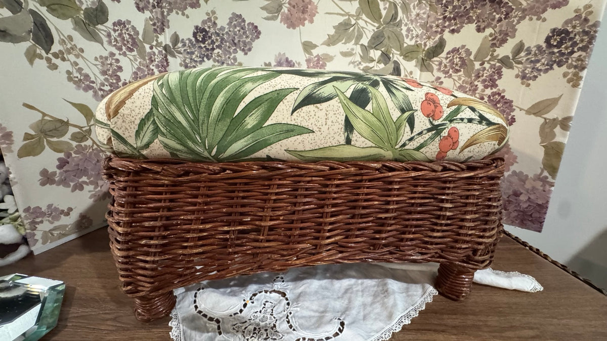 Vintage Wicker Footstool with Original Tropical Botanical Cushion | Rattan Ottoman