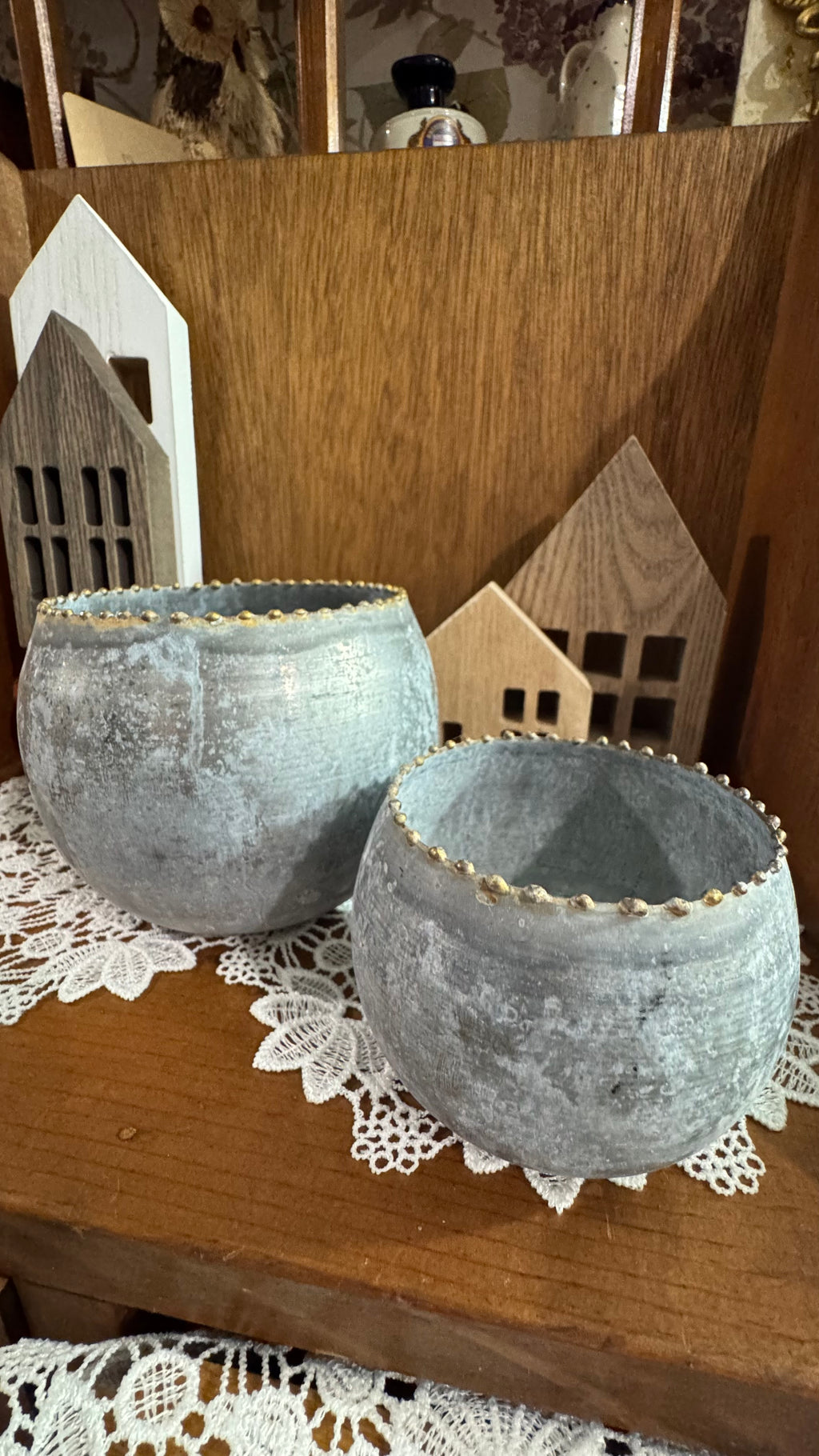 Distressed Gray Metal Decorative Pots / Candle Holders – Set of 2