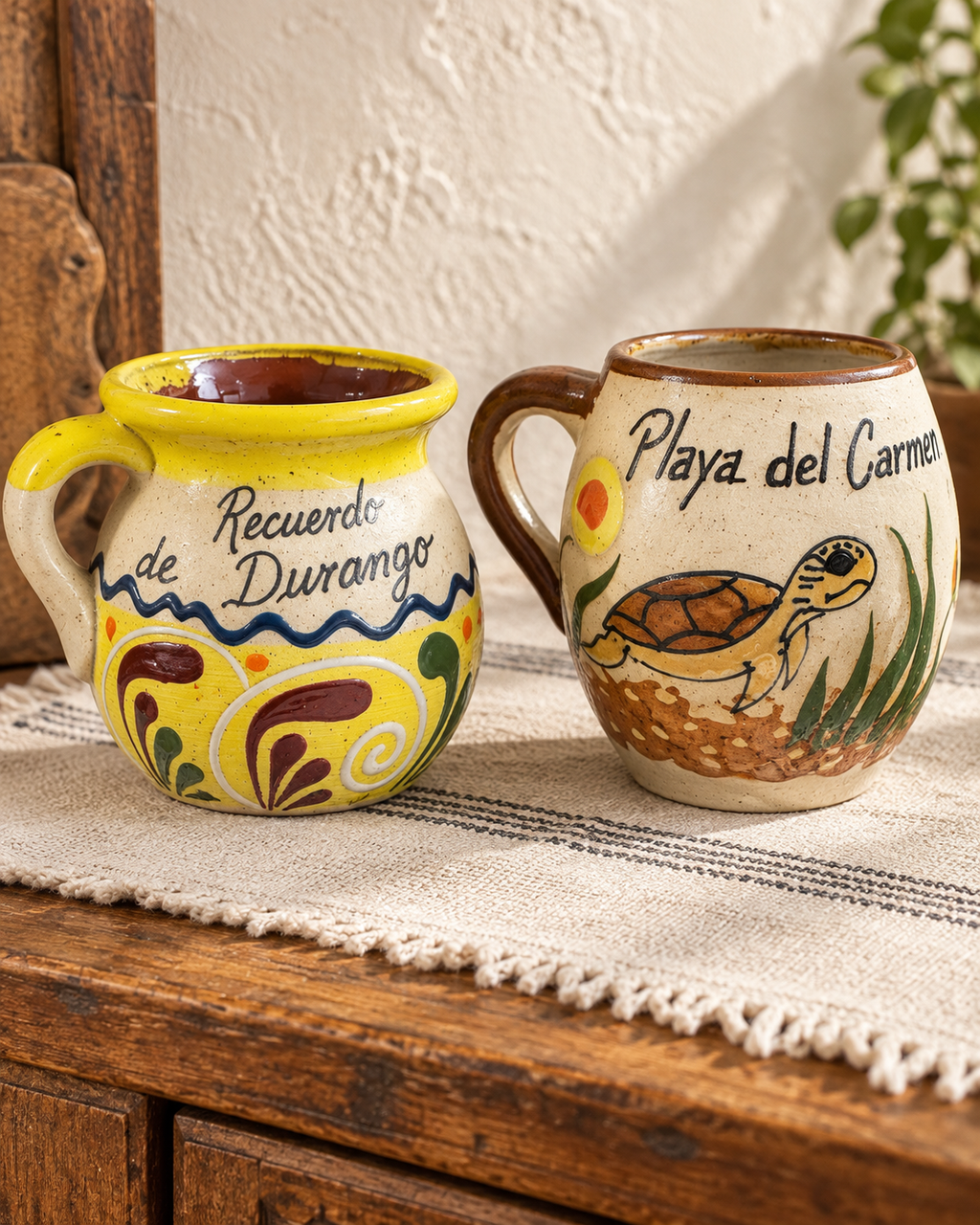 Mexican Souvenir Pottery Mugs – Playa del Carmen Turtle & Durango – Pair