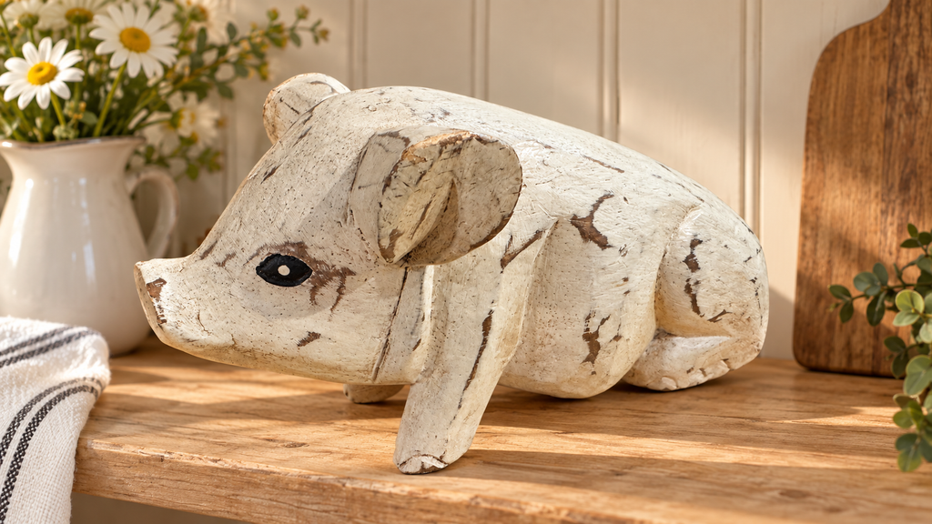 Distressed White Wood Pig Figurine – Rustic Farmhouse Décor –