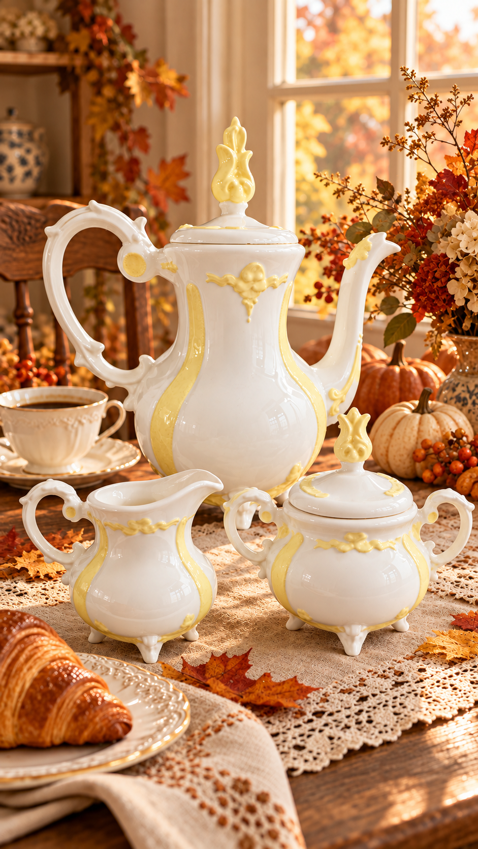 Loma White & Pale Yellow 3-Piece Coffee Set – Ornate Footed Design