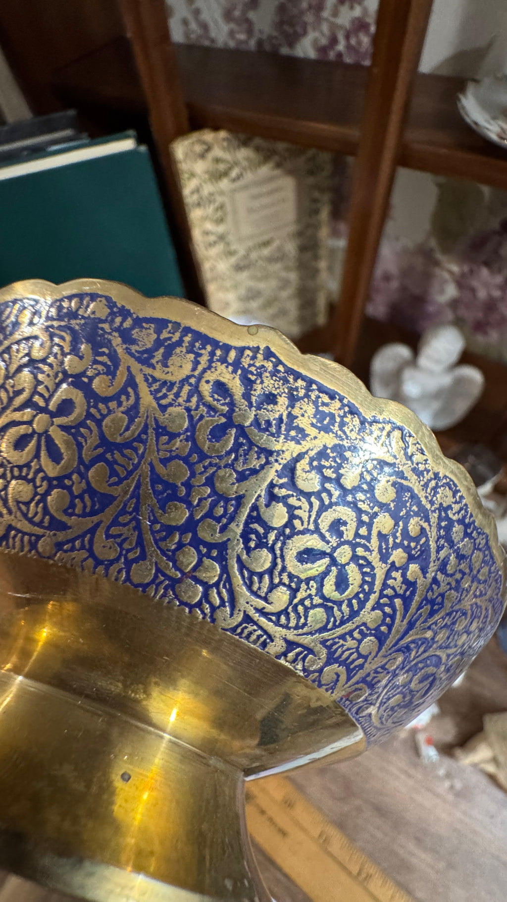 Vintage Blue & Gold Brass Pedestal Bowl – Ornate Floral Design