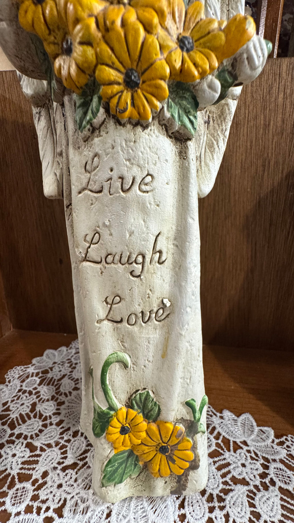 Live Laugh Love Angel Figurine with Yellow Flowers – 11″