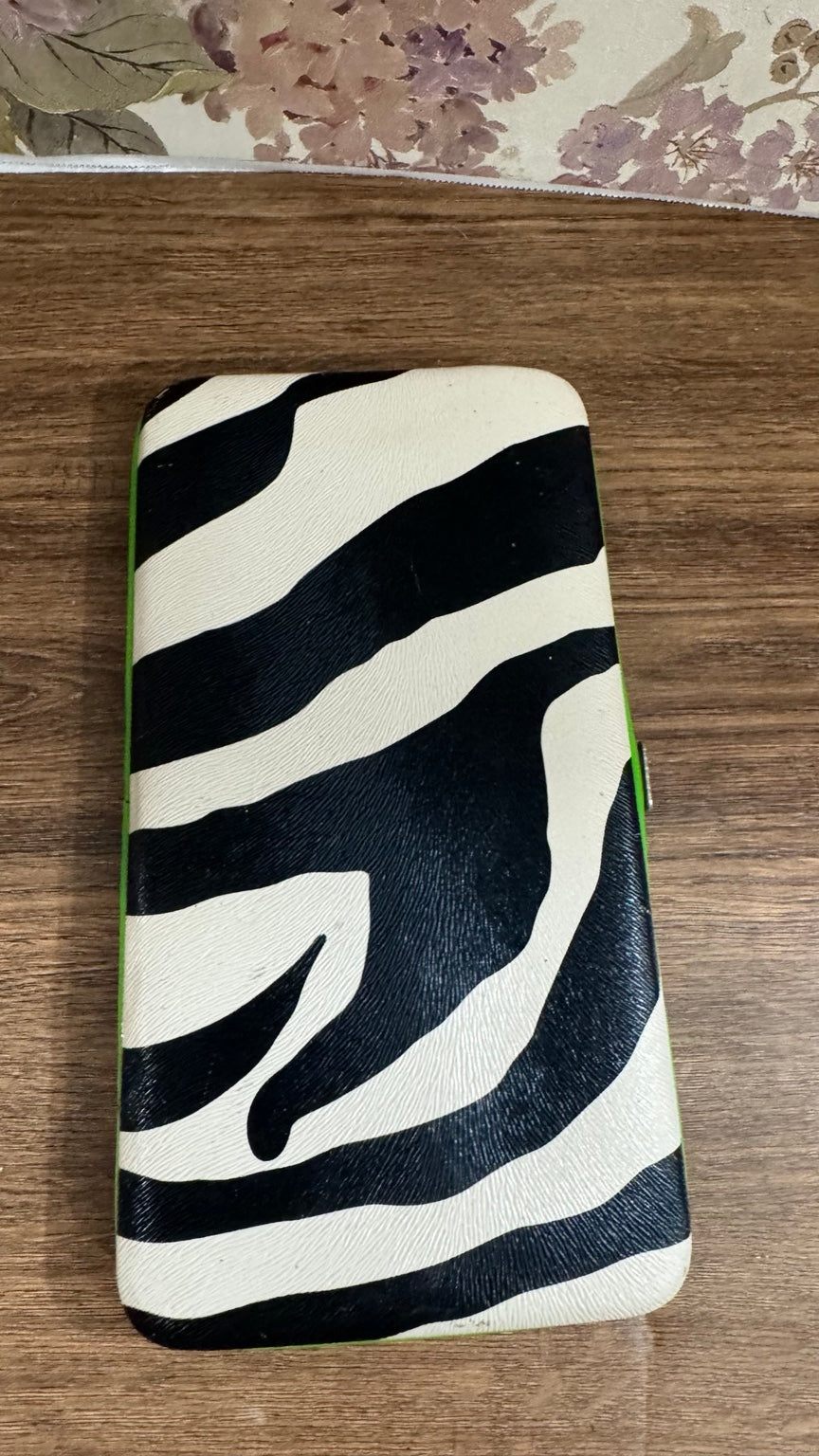 Zebra Print Hard Frame Clutch Wallet with Lime Green Trim