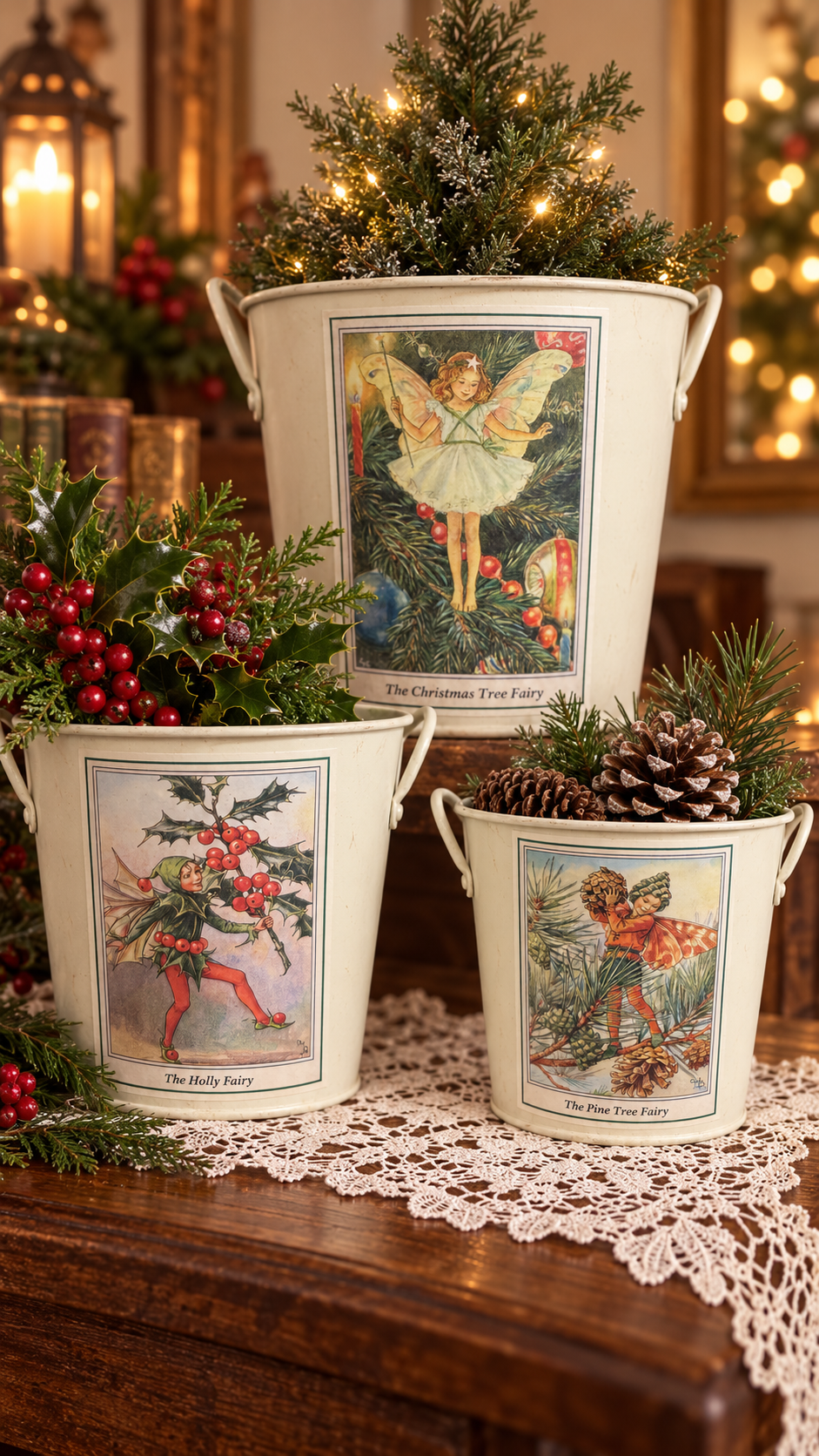 Flower Fairies Christmas Metal Pails / Decorative Planters – Set of 3