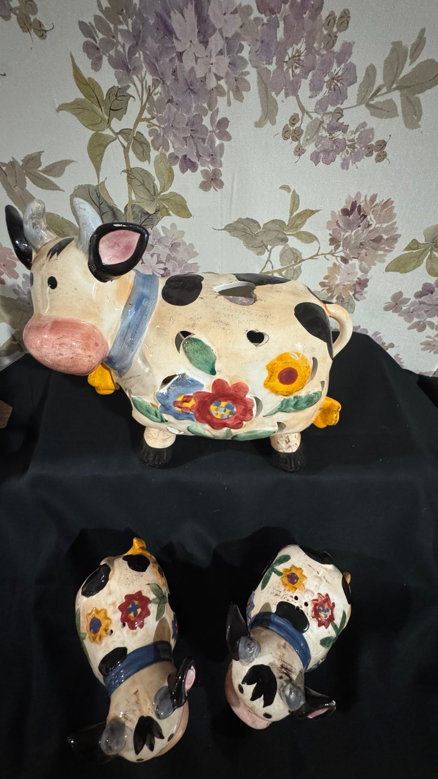 Vintage Farmhouse Cow Tea Light Holder & Salt Pepper Shaker Set