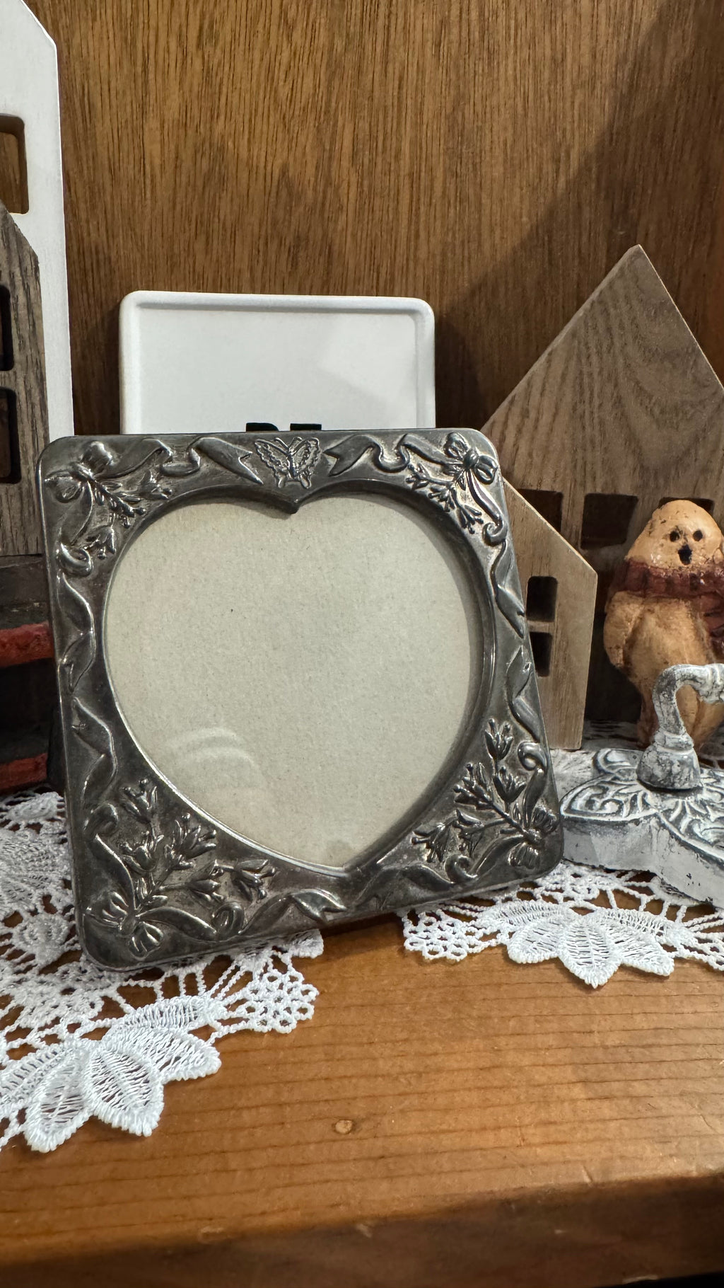 Silver-Tone Heart Picture Frame with Butterfly, Bows & Floral Details
