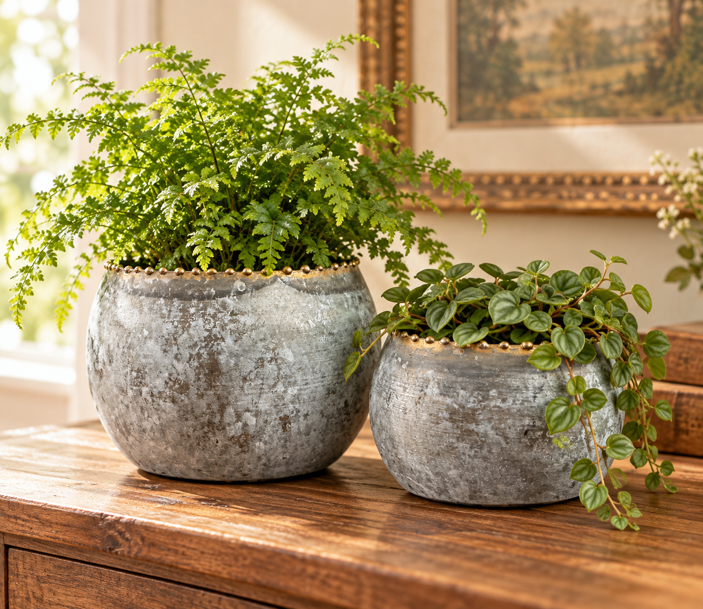 Distressed Gray Metal Decorative Pots / Candle Holders – Set of 2