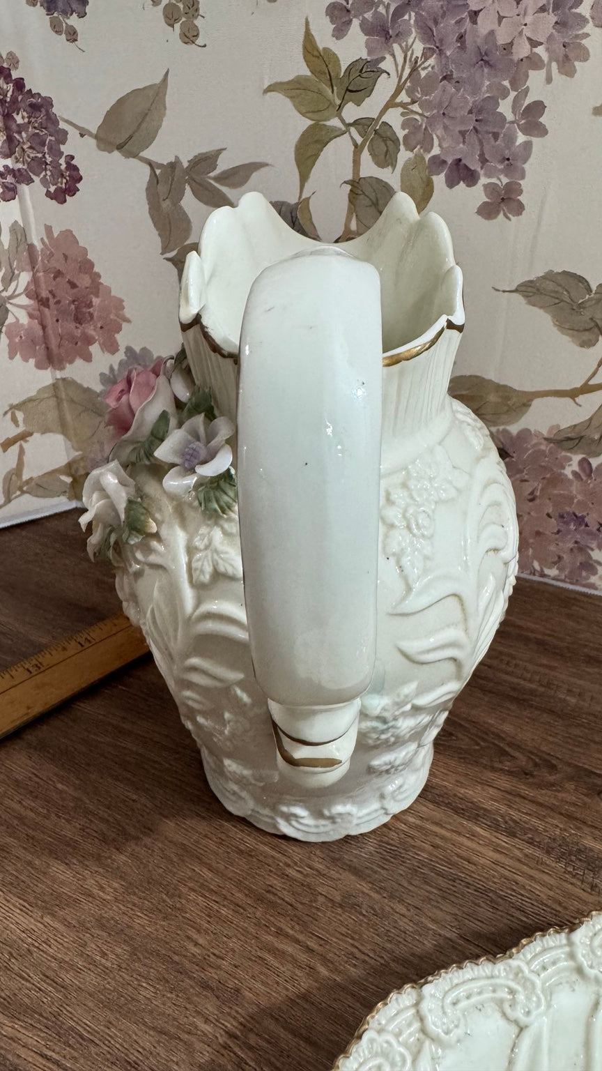 Vintage Porcelain Floral Pitcher & Tray Set – Roses & Gold Trim