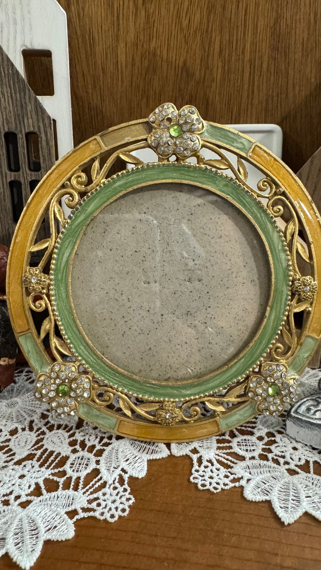Vintage Sunflower 1998 Green & Gold Round Rhinestone Picture Frame