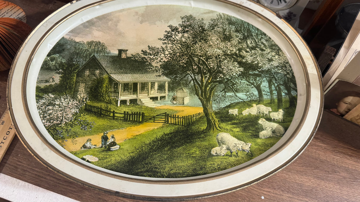 Vintage Sunshine Biscuits Tin – Currier & Ives Cottage Sheep Scene
