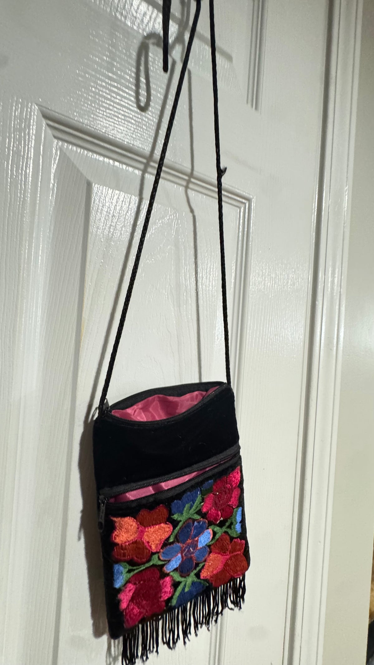 Vintage Black Velvet Embroidered Floral Fringe Crossbody Purse