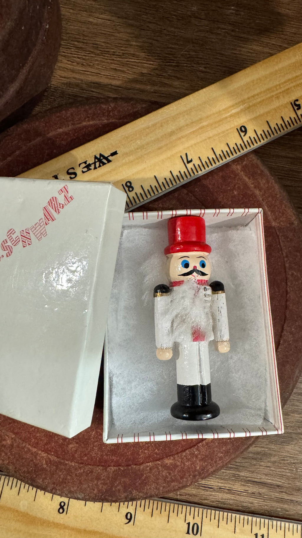 Miniature Wooden Nutcracker Soldier – Red Hat & White Uniform, Box Included