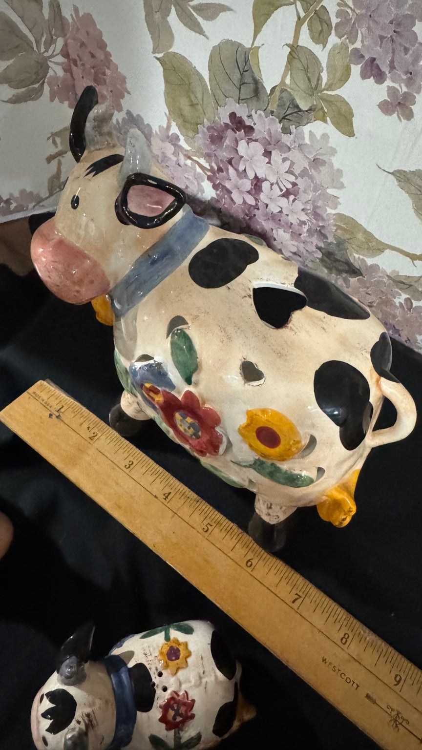 Vintage Farmhouse Cow Tea Light Holder & Salt Pepper Shaker Set