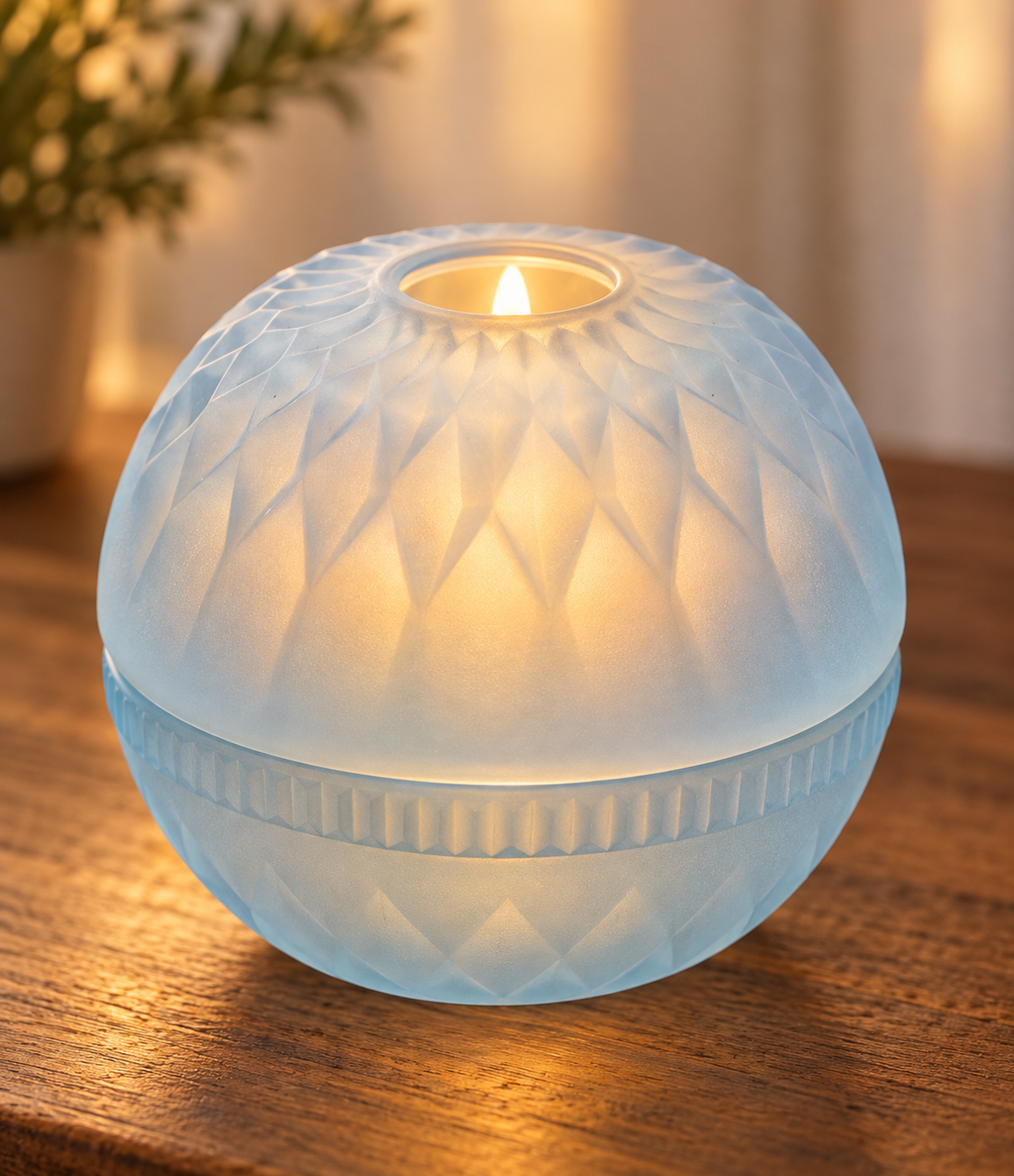 Vintage Pale Blue Frosted Glass Fairy Lamp – Two Piece