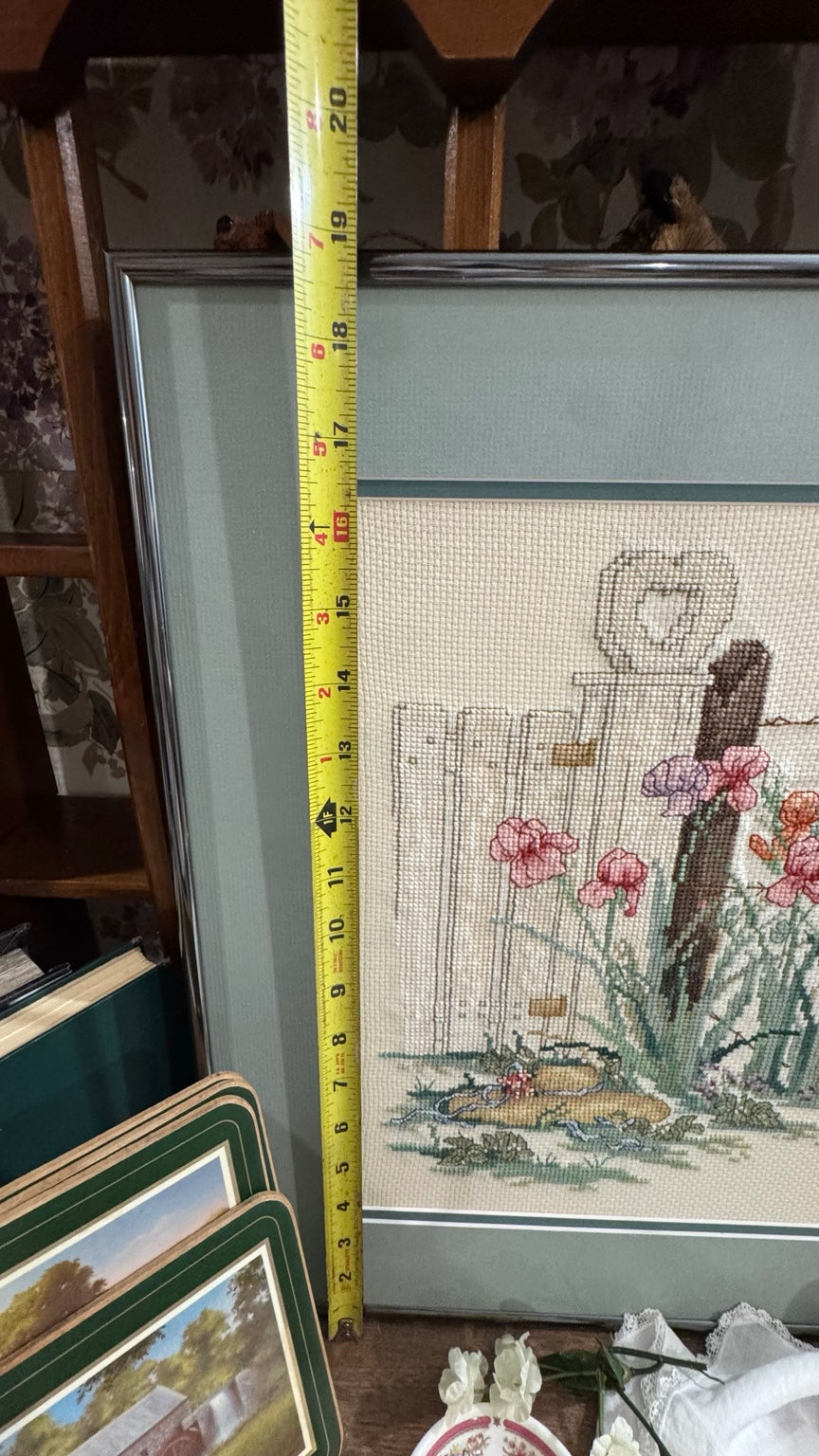 Vintage Hand-Stitched Garden Cross Stitch – Professionally Framed Nielsen USA