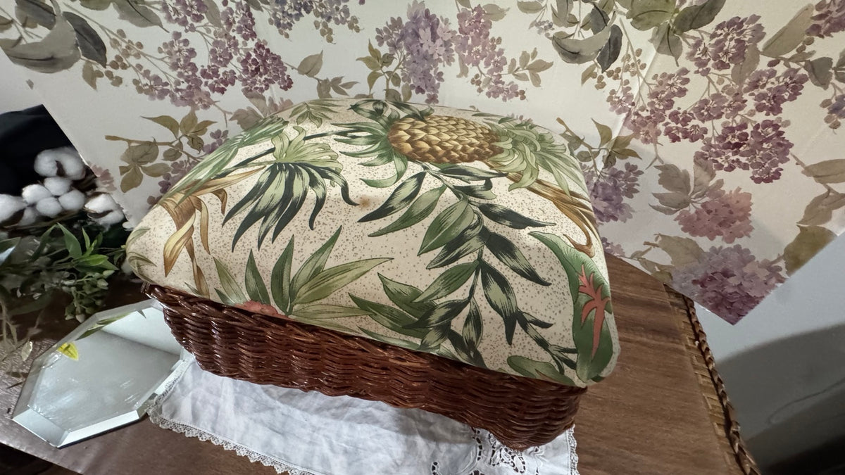 Vintage Wicker Footstool with Original Tropical Botanical Cushion | Rattan Ottoman