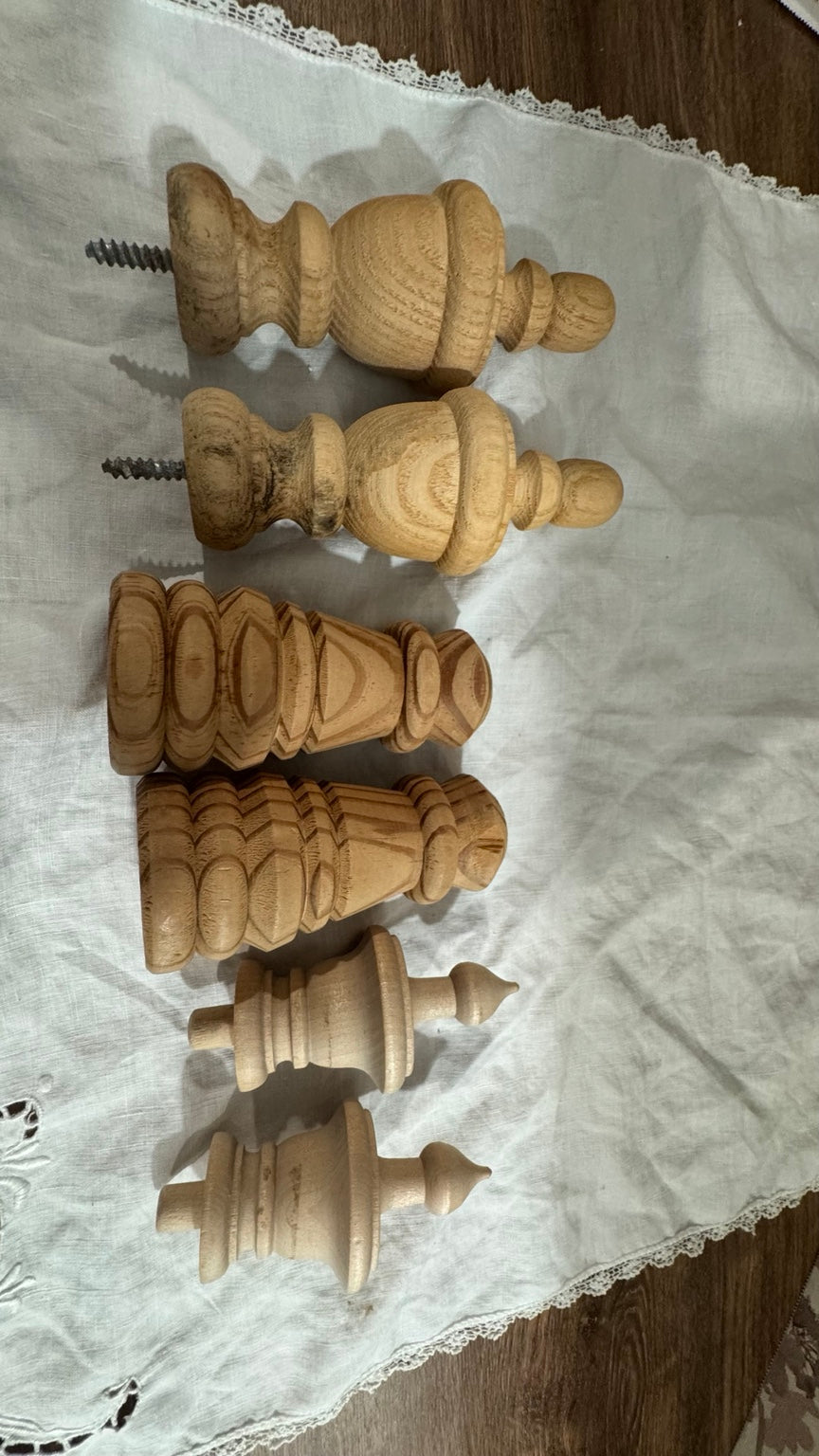Lot of 6 Solid Wood Furniture Finials & Decorative Turned Wood Pieces
