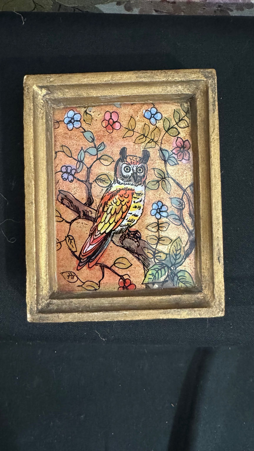 Vintage Hand Painted Owl Picture Reverse Glass Floral Wood Frame Folk Art