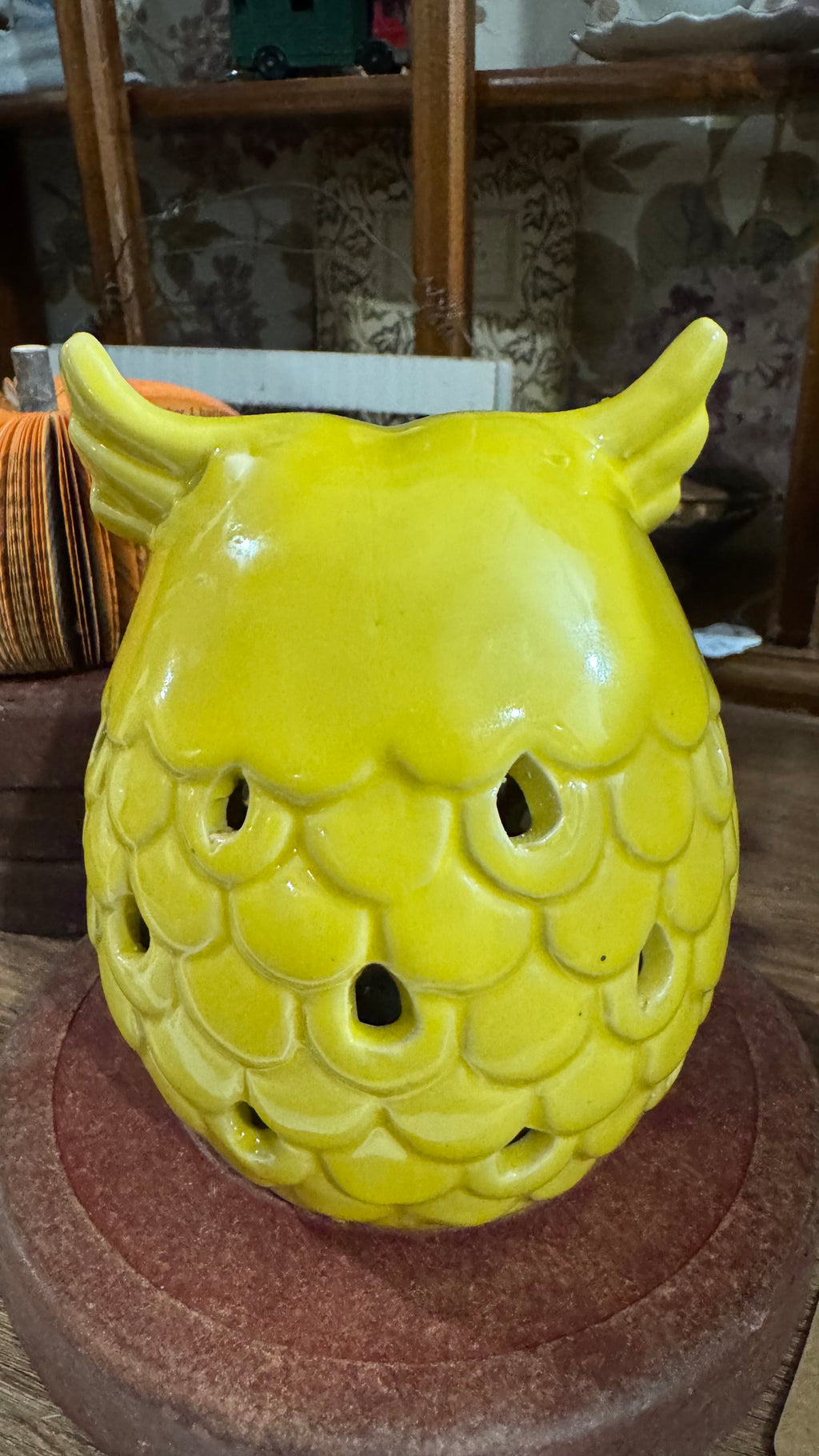 Yellow Ceramic Owl Decor with Cutout Feathers
