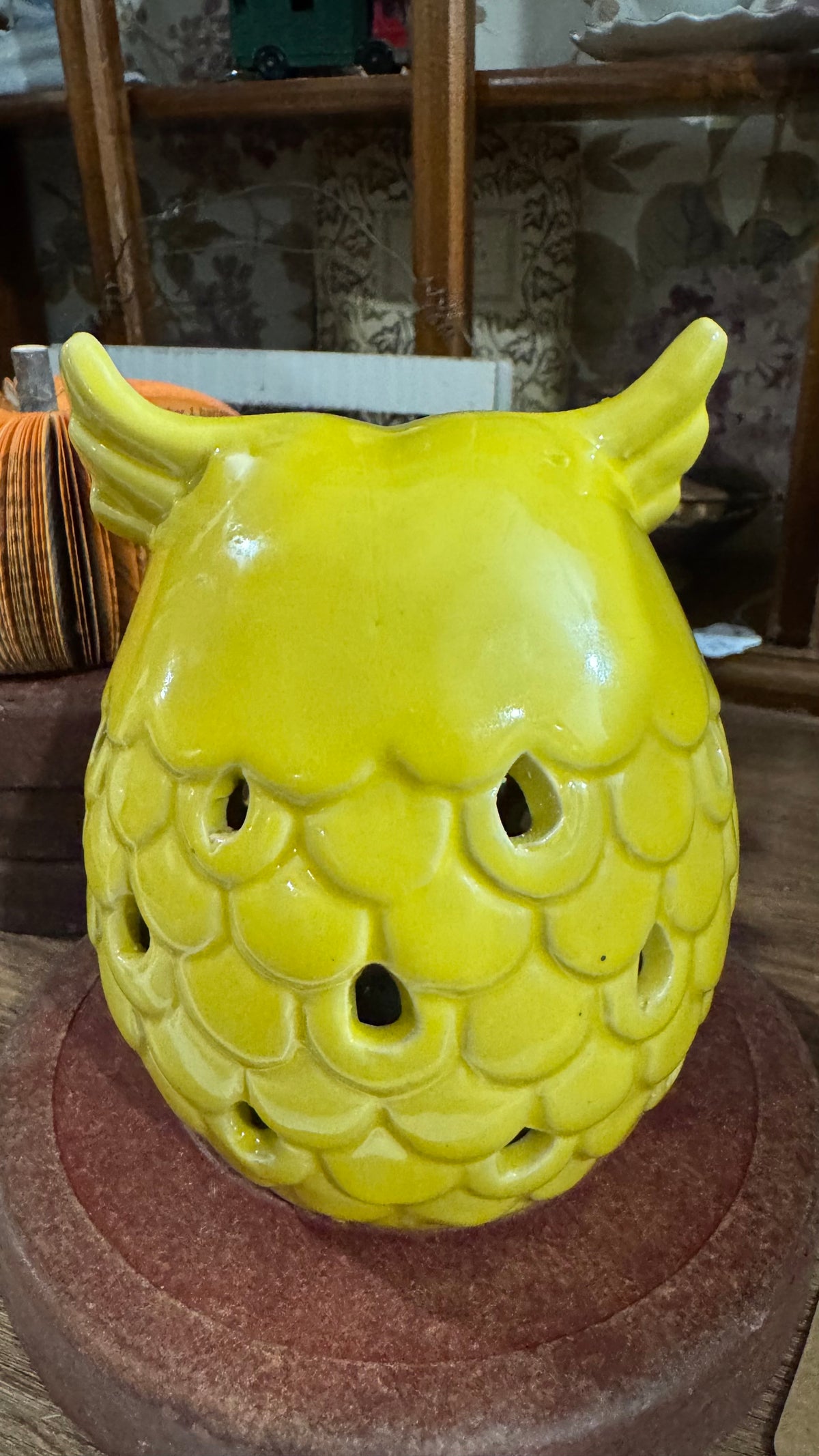 Yellow Ceramic Owl Decor with Cutout Feathers