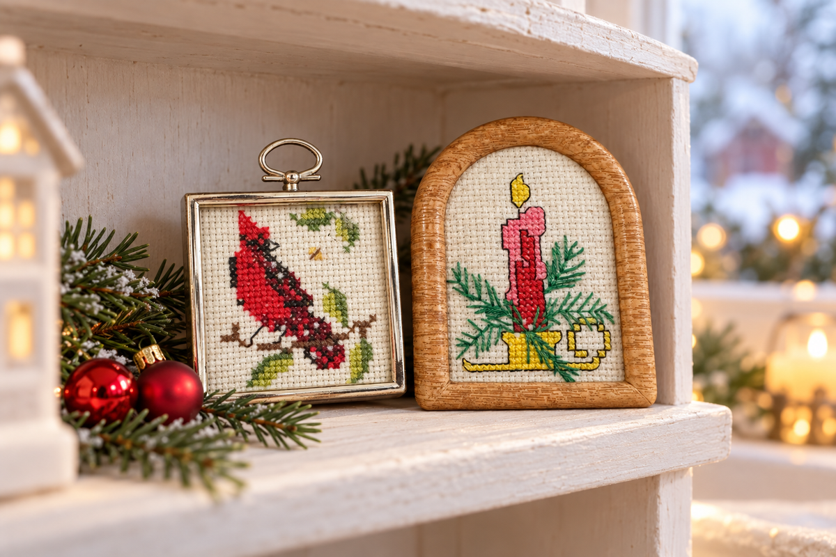 Mini Framed Christmas Cross Stitch Pair – Cardinal & Candle
