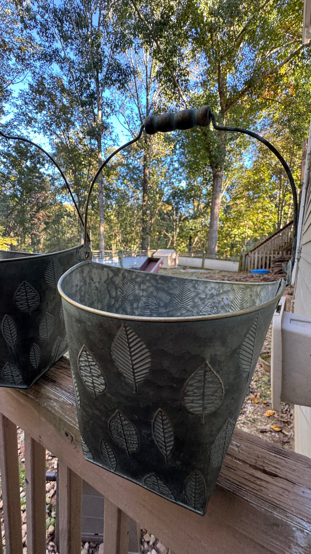 Embossed Leaf Metal Buckets with Wooden Handle Grips – Set of 2