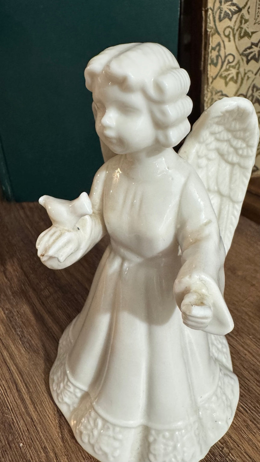Vintage White Ceramic Angel Figurine with Bird – 6”