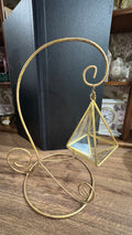 Gold Scroll Display Stand with Hanging Geometric Glass Terrarium