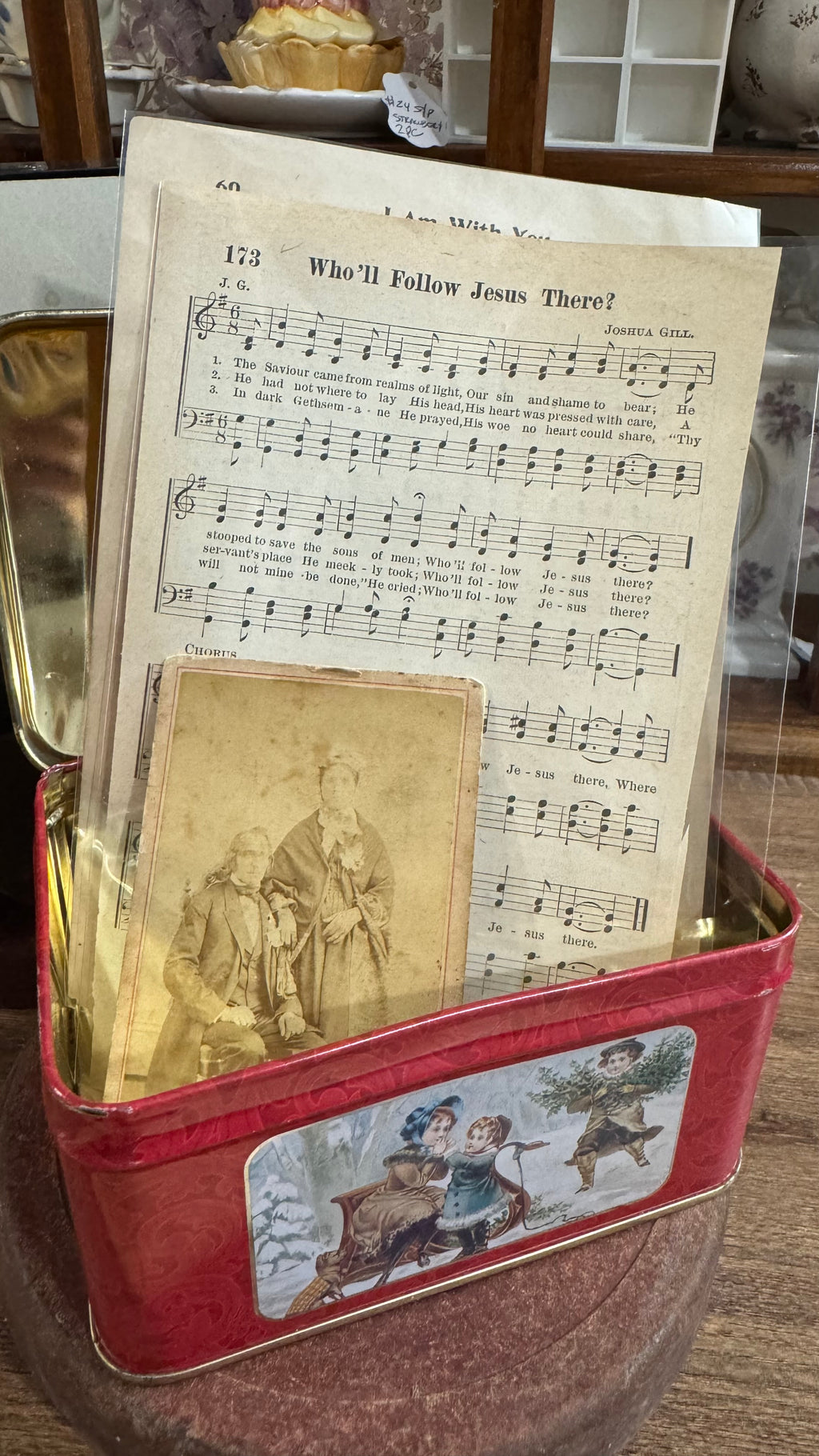 Red Christmas Tin with Victorian-Style Children & Hinged Lid 5x3.5