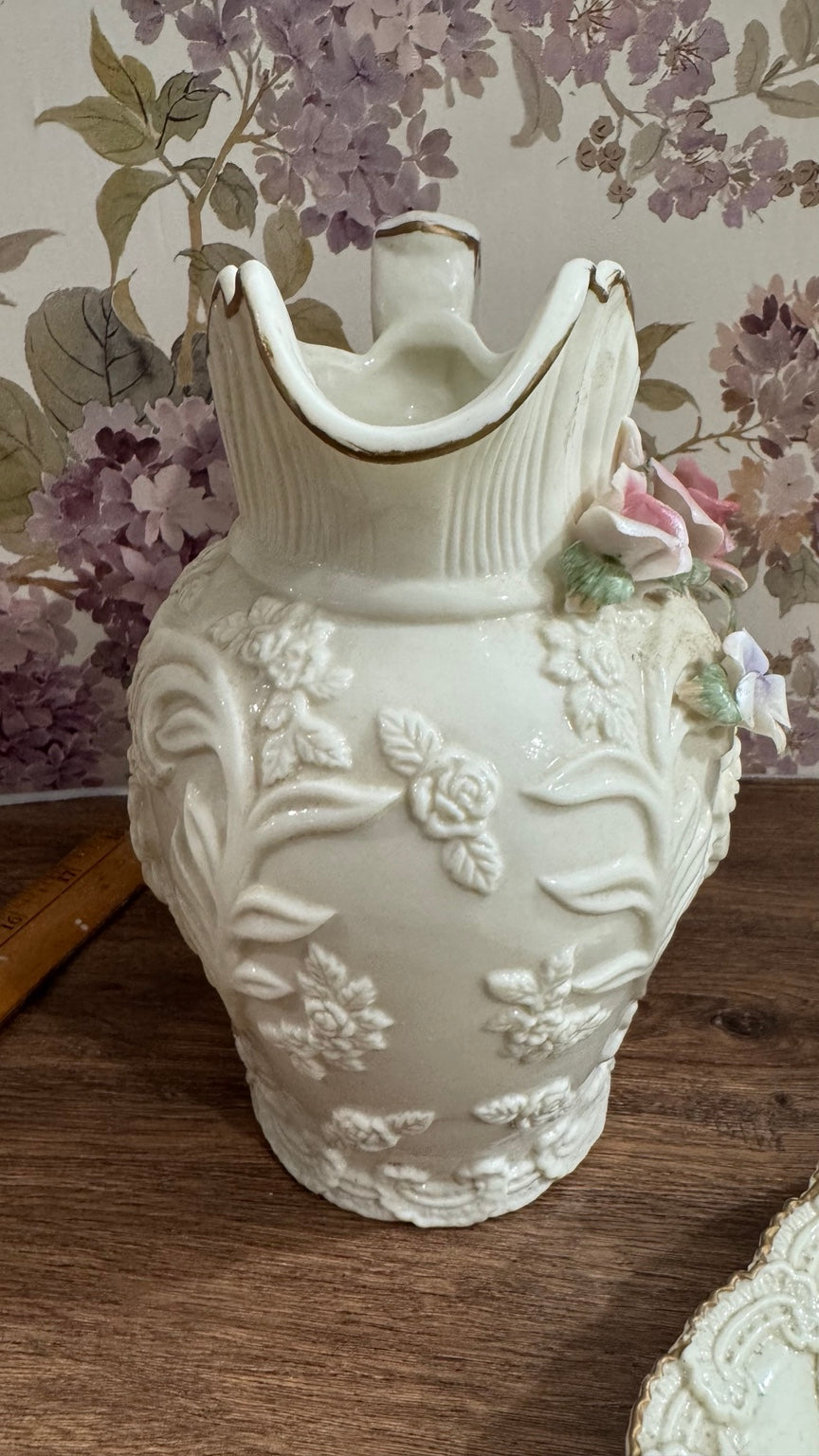 Vintage Porcelain Floral Pitcher & Tray Set – Roses & Gold Trim
