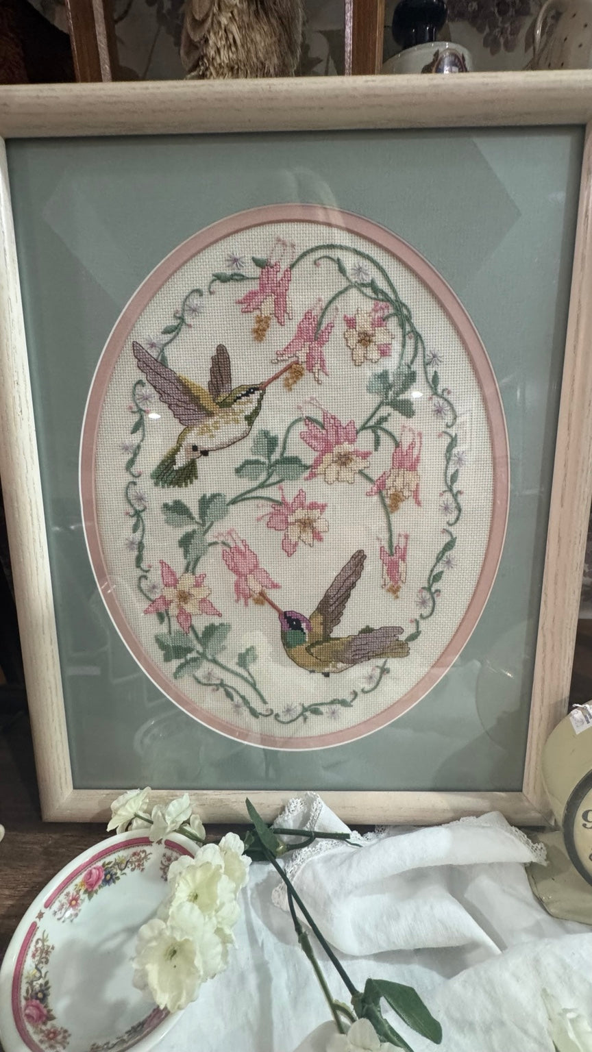 Vintage Framed Hummingbird Floral Cross Stitch Needlework