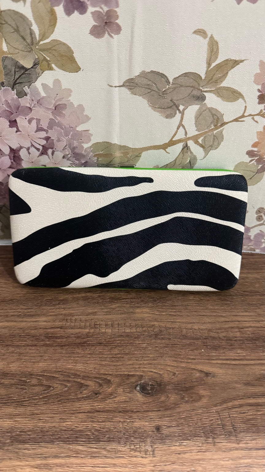 Zebra Print Hard Frame Clutch Wallet with Lime Green Trim