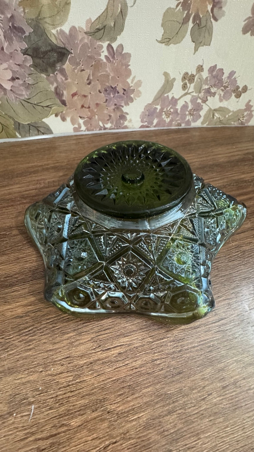 Vintage Olive Green Carnival Glass Star Candy Dish