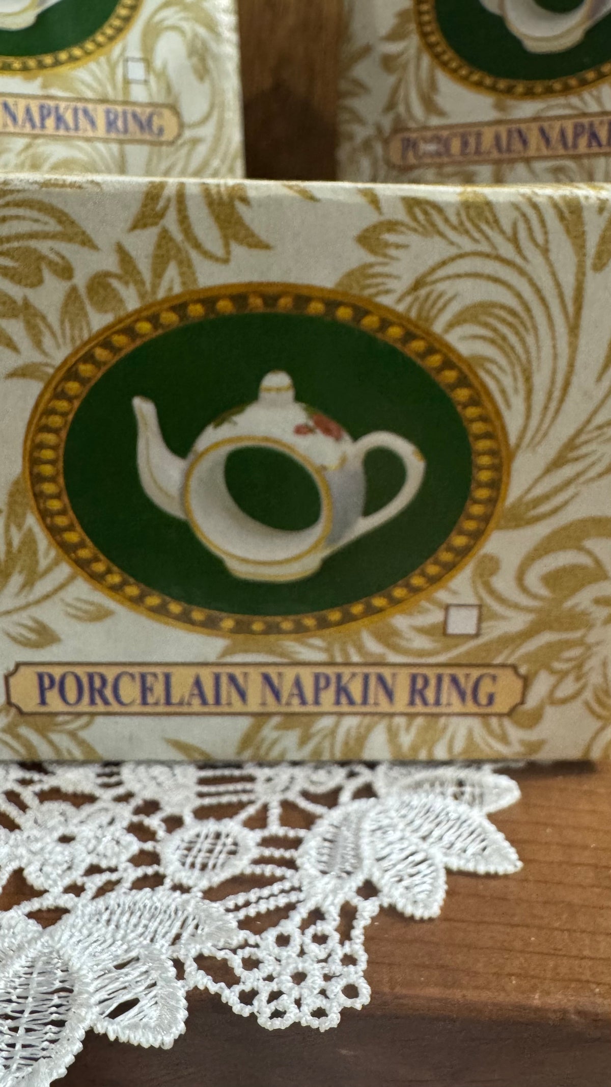 Set of 5 Cracker Barrel Porcelain Teapot Napkin Rings – Pastel Floral & Gold Trim – Boxed