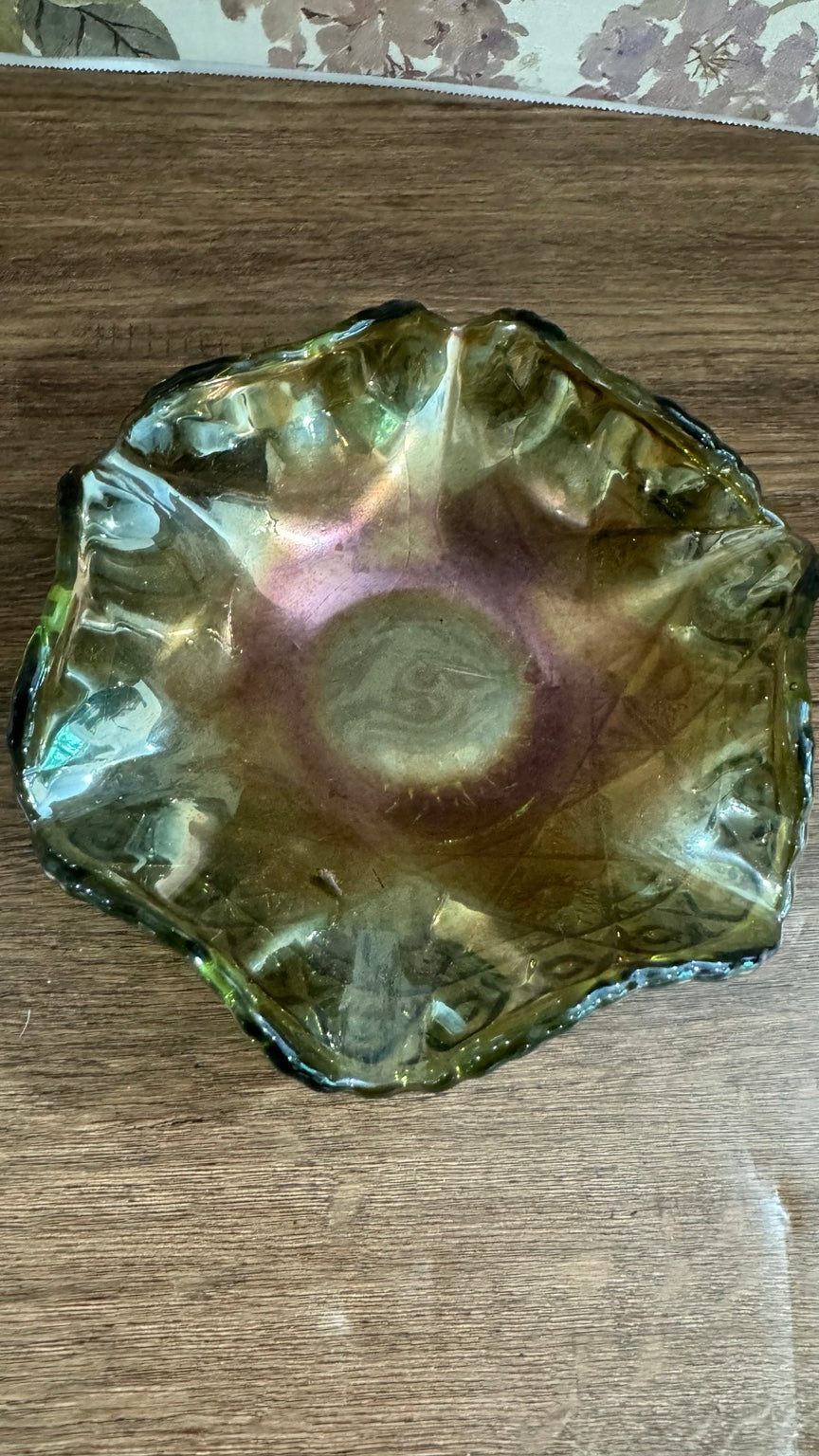 Vintage Olive Green Carnival Glass Star Candy Dish