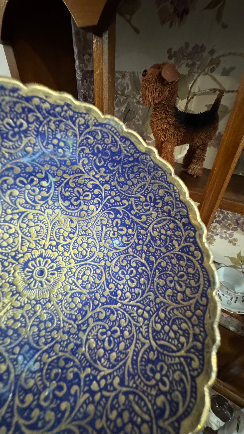 Vintage Blue & Gold Brass Pedestal Bowl – Ornate Floral Design