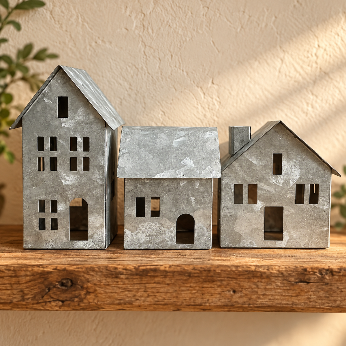 Set of 3 Mini Galvanized Metal Houses – Farmhouse Village Decor