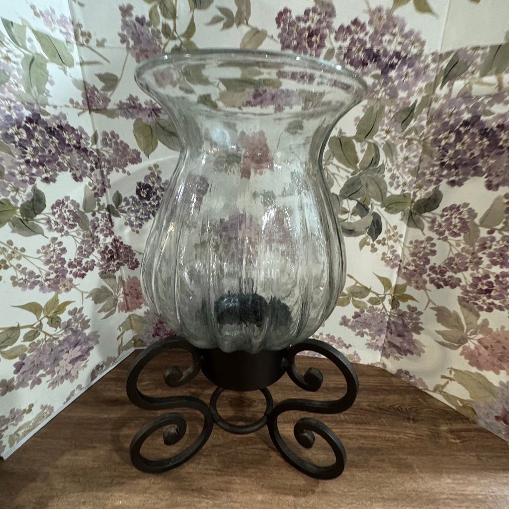 Large Glass Hurricane Vase on Wrought Iron Scroll Stand