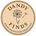 A round beige sticker or label with dark brown text reading 'DANDY FINDS' and 'WHERE WISHES FIND THEIR PLACE,' plus a dandelion illustration in the center.