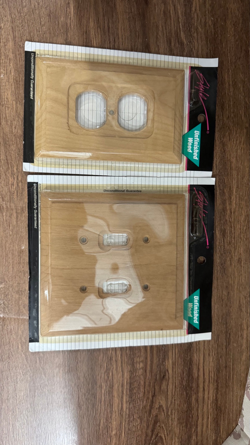 Styleline Unfinished Wood Wall Plate Covers NOS Duplex Outlet & Double Toggle Switch Sealed