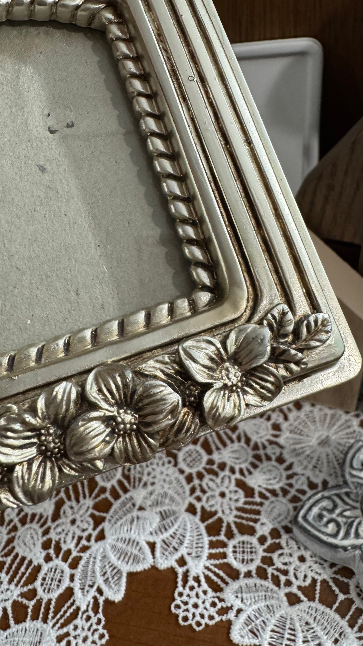 Small Silver-Tone Arched Picture Frame with Raised Floral Details