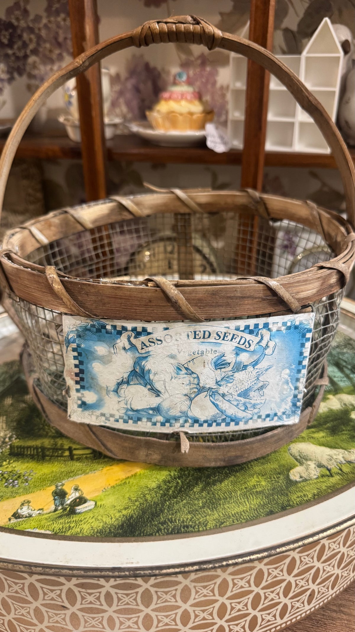 Rustic Wood & Wire “Assorted Seeds” Basket – Primitive Farmhouse Décor