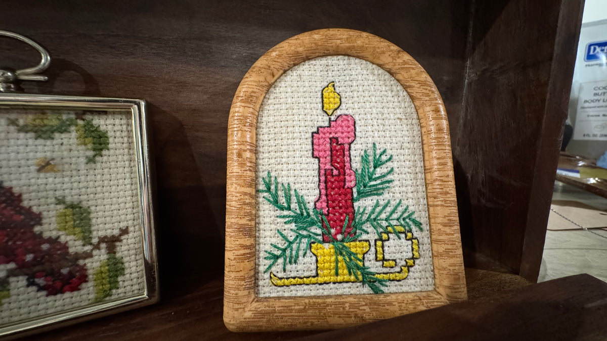 Mini Framed Christmas Cross Stitch Pair – Cardinal & Candle