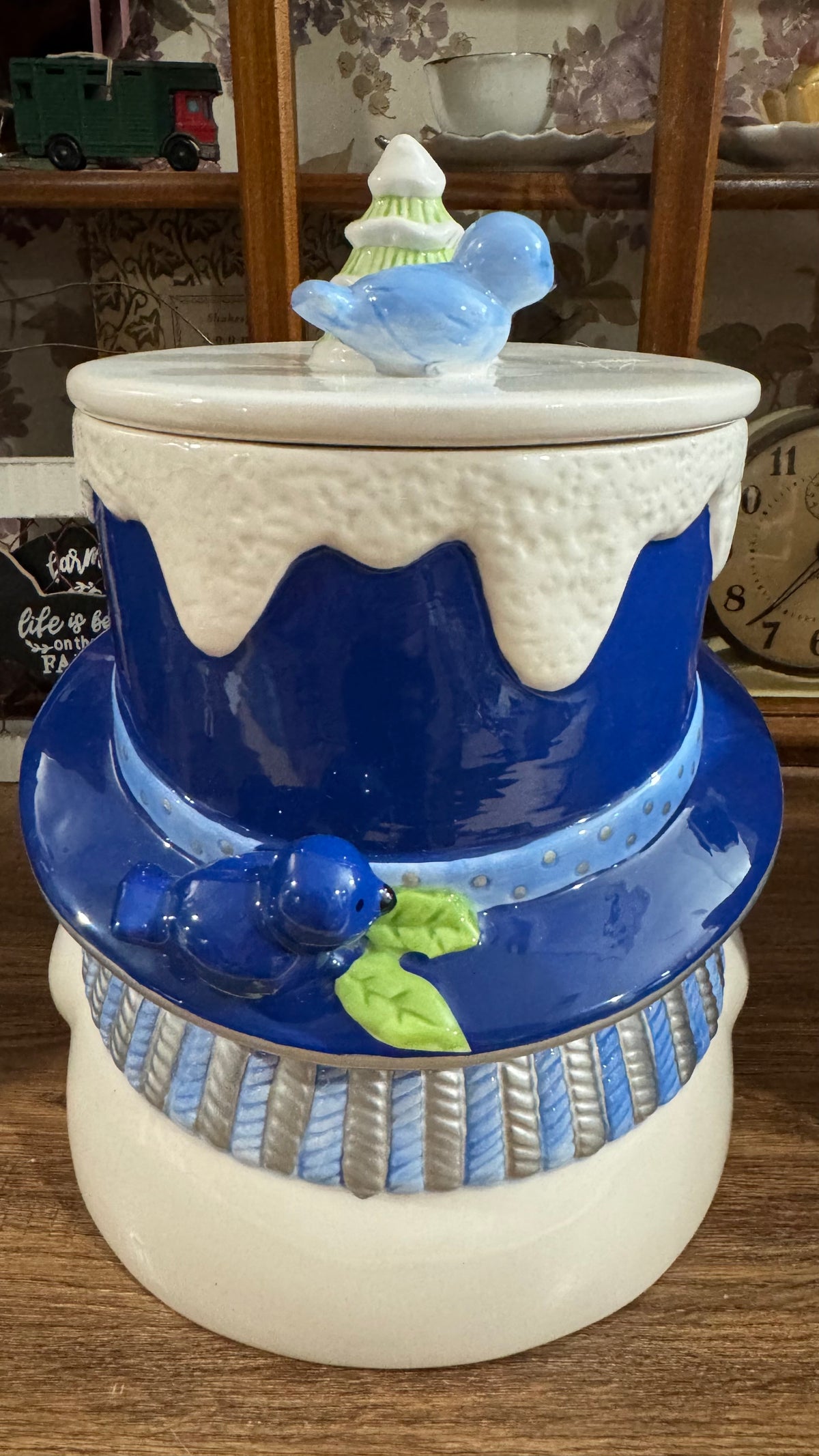 Houston Harvest Snowman Cookie Jar – Blue Top Hat & Winter Birds