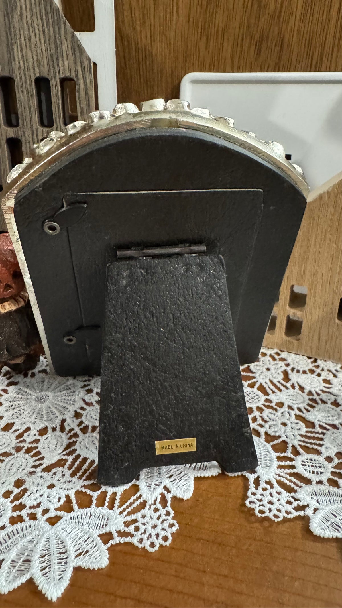 Small Silver-Tone Arched Picture Frame with Raised Floral Details