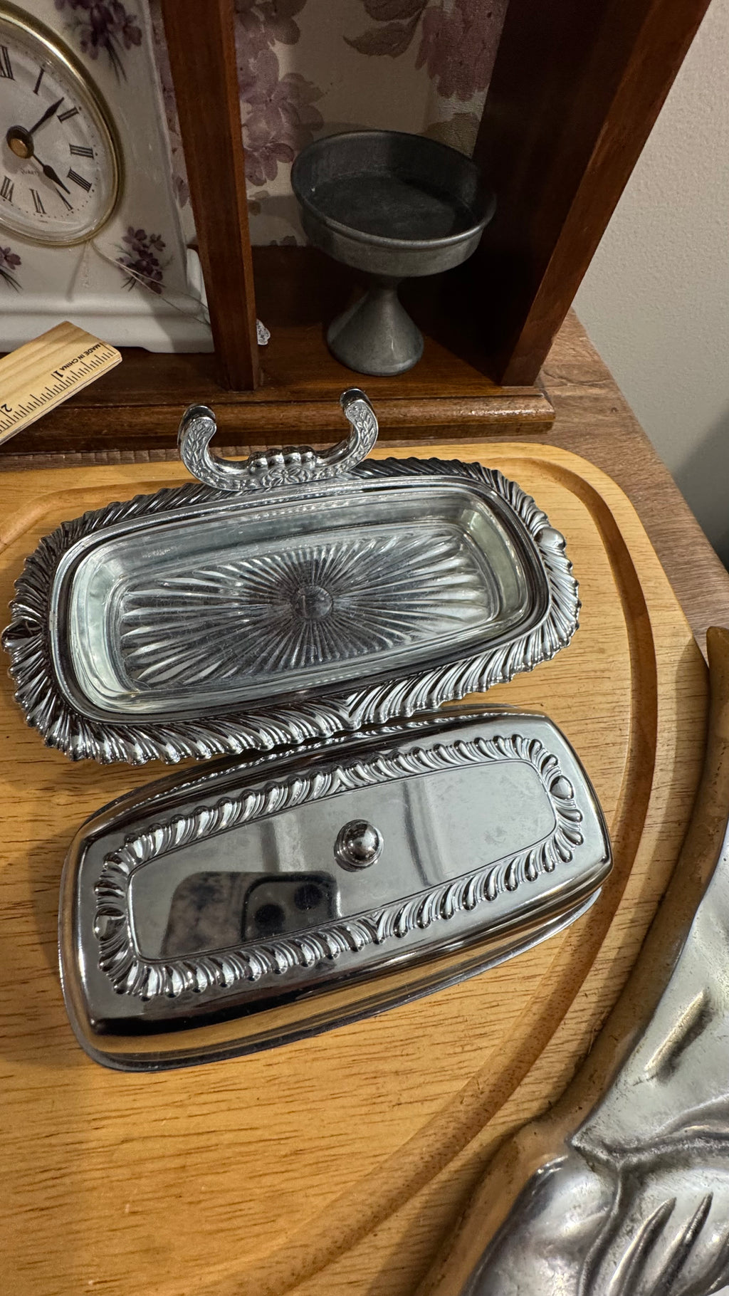 Ornate Silver-Tone Covered Butter Dish with Glass Insert –